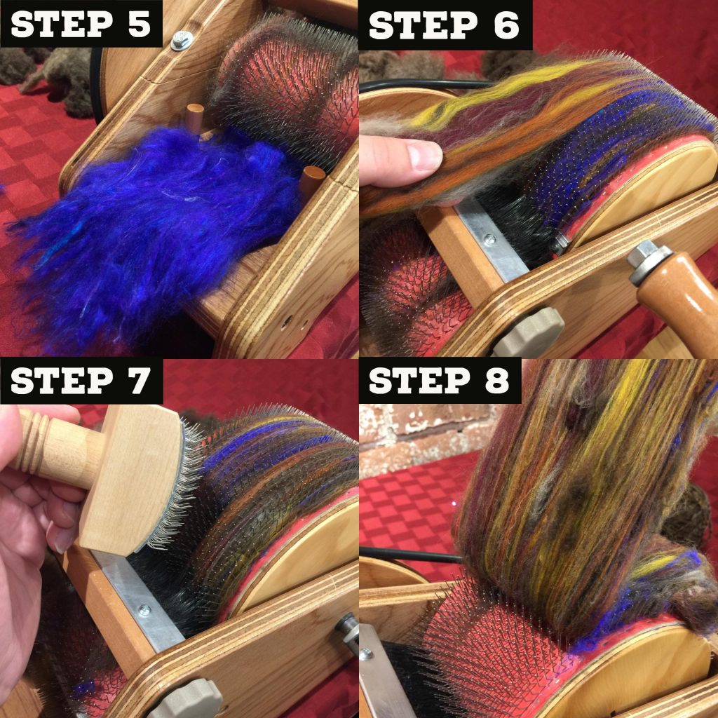 Loading more blue sari silk to create more of a blue tint, brushing more yaktober directly onto the large drum and smoothing the batt with a carder brush. Pulling the batt off.